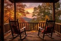 log cabin porch with rocking chairs and a scenic view Royalty Free Stock Photo