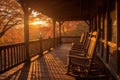 log cabin porch with rocking chairs at sunrise Royalty Free Stock Photo