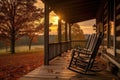 log cabin porch with rocking chairs at sunrise Royalty Free Stock Photo