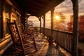 log cabin porch with rocking chairs at sunrise Royalty Free Stock Photo