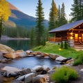 A log cabin with a river rock fireplace, a covered porch, and a mountain view3, Generative AI Royalty Free Stock Photo