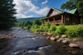 log cabin in a riverside mountain setting