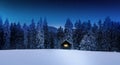 Log cabin with shining window in wintry forest