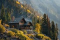 A log cabin sits comfortably on a mountain side, blending with its surroundings, A cozy cabin nestled in the snowy mountains Royalty Free Stock Photo