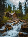 A log cabin sits in the middle of a stream in the woods Royalty Free Stock Photo