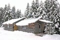 Vermont Log cabin and evergreens in winter snow