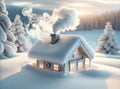 Cozy Winter Cabin Surrounded by Snow with Smoke Rising from Chimney Royalty Free Stock Photo