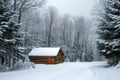 A log cabin stands amongst the snow-covered trees in a tranquil forest, A rustic cabin sitting peacefully in a snowy forest, AI Royalty Free Stock Photo
