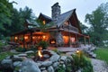 A log cabin with a stone fireplace and fire pit in front of it, creating a cozy atmosphere, A rustic log cabin with a stone Royalty Free Stock Photo