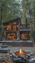 Log Cabin Surrounded by Forest with Outdoor Fire Pit Royalty Free Stock Photo