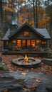 Log Cabin Surrounded by Forest with Outdoor Fire Pit Royalty Free Stock Photo