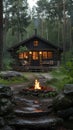 Log Cabin Surrounded by Forest with Outdoor Fire Pit Royalty Free Stock Photo