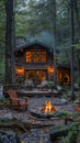 Log Cabin Surrounded by Forest with Outdoor Fire Pit Royalty Free Stock Photo