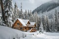 A log cabin surrounded by snow in a forest setting, A cozy cabin nestled in snowy mountains, the perfect spot for a family ski Royalty Free Stock Photo