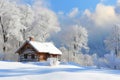A log cabin surrounded by tall snow-covered trees in the middle of a forest, Log cabin in a snowy winter landscape, AI Generated Royalty Free Stock Photo