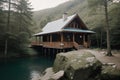 A log cabin by a tranquil lake Royalty Free Stock Photo