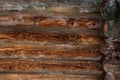 Log cabin wall background. Old weathered orange logs. Wooden background Royalty Free Stock Photo