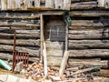 Log Cabin Wall Closeup Bricks and tools