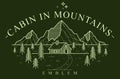 Log cabin wooden house in pine forest over mountain range vector nature emblem on dark, cottage woodhouse for rest in pine forest Royalty Free Stock Photo