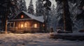 A log cabin in the woods at night, AI Royalty Free Stock Photo