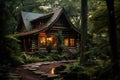 A log cabin in the woods shines brightly at night, creating a warm and inviting atmosphere., A rustic log cabin nestled in the Royalty Free Stock Photo