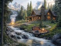 Log Cabin: Stream Fire Pit Royalty Free Stock Photo