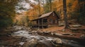 Log cabin in the woods with a stream. Serene cozy lodge home in autumn forest with river. Royalty Free Stock Photo