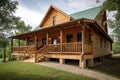 log cabin with wrap-around porch and rocking chairs Royalty Free Stock Photo