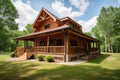 log cabin with wrap-around porch and rocking chairs Royalty Free Stock Photo