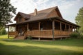 log cabin with wrap-around porch and rocking chairs on the front Royalty Free Stock Photo