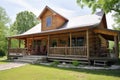 log cabin with wrap-around porch and rocking chairs on the front Royalty Free Stock Photo