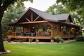 a log cabin with a wrap-around porch, rocking chairs visible Royalty Free Stock Photo
