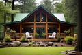 a log cabin with a wrap-around porch, rocking chairs visible Royalty Free Stock Photo