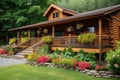 a log cabin with a wraparound porch and flower boxes, surrounded by lush greenery Royalty Free Stock Photo