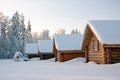 Log cabins under snow in winter