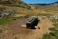 A log hollowed out for water, water for domestic cattle sheep, goats, etc. and wild animals, with blurred mountain peaks.