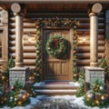 Log Home Upscale Front Entrance Door Decorations Christmas Holiday Celebrating Season Wreath AI Generated