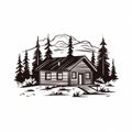 Monochromatic Mountain Lodge Charming Cabin Illustration In Graphic Design Style