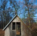 Log house. Old single house. Photo of an unusual house in the forest. Abandoned single small house in foreste