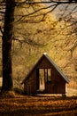 Log house. Old single house. Photo of an unusual house in the forest. Abandoned single small house in foreste