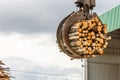 Log loader or forestry machine loads a log truck Royalty Free Stock Photo