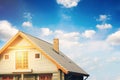 Log lodge with gray tile roof against blue sky Royalty Free Stock Photo