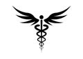 Medical caduceus symbol in black color. Logo concept of public health, two snake torches silhouette. Ancient hermes rod sign