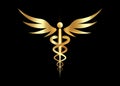 Medical caduceus symbol in golden color. gold luxury Logo concept of public health, two snake torches silhouette. Ancient hermes