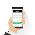 Log in page on smartphone screen. Hand holds the smartphone and finger touches screen. Modern Flat design illustration Royalty Free Stock Photo