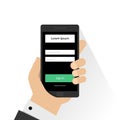 Log in page on smartphone screen. Hand holds the smartphone and finger touches screen. Modern Flat design illustration Royalty Free Stock Photo