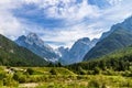 Panoramic view on Mangart-Jalovec Mountain Massive in the Julian Alps inside beautiful Landscape. Log pod Mangartom, Bovec,