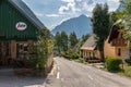 Street Scenario with buildings during main Road of Village Log pod Mangartom. Bovec, Slovenia, Europe