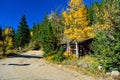 Log Shotgun Cabin Shack In Fall with Changing Leaves and a Dirt