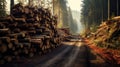 Log stacks along the forest road. Forest pine and spruce trees.